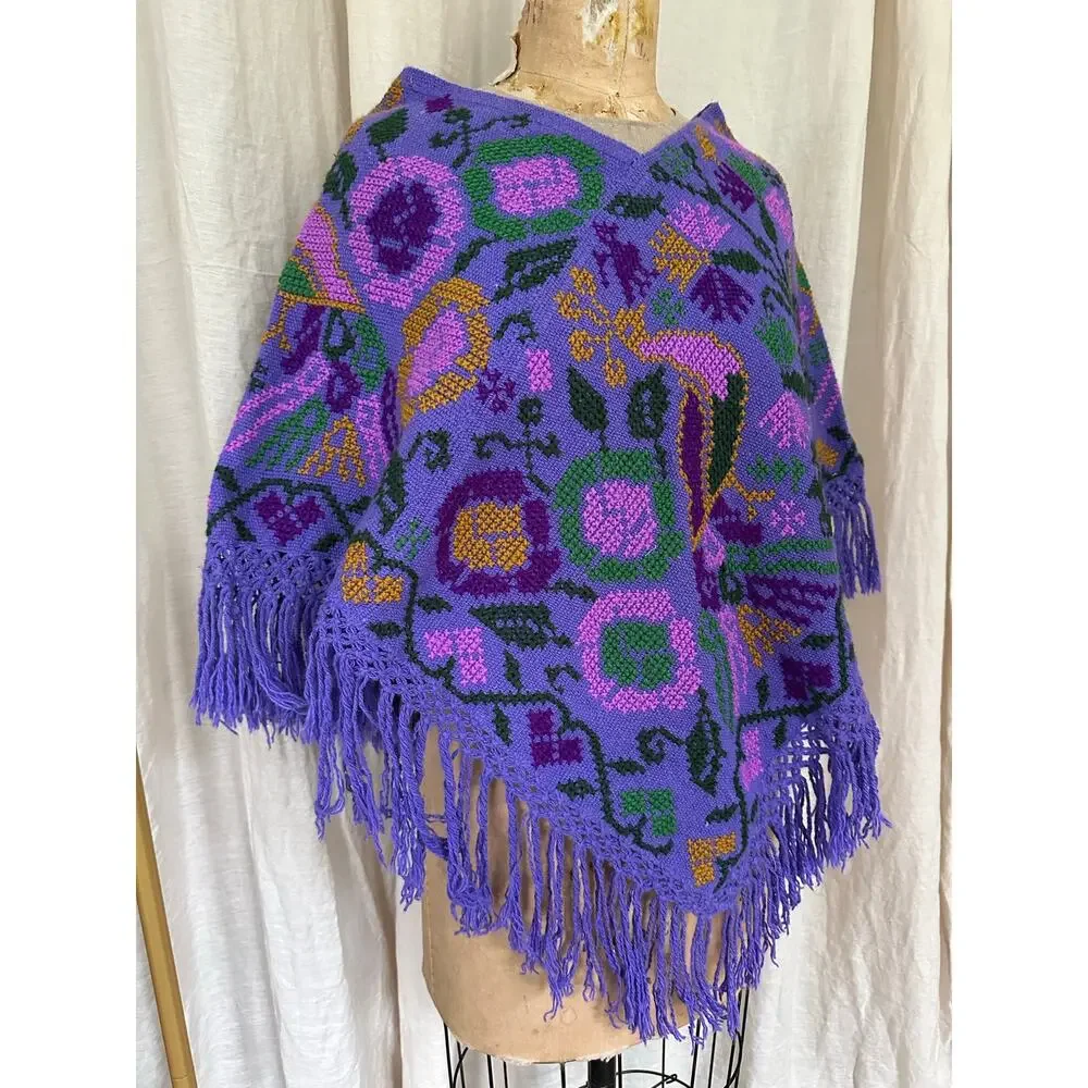 Mexican Mañanita embroidered poncho purple bird floral primitive folk fringed